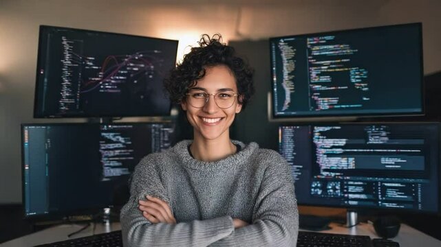 Smiling Digital Architect: A young female coder, illuminated by the glow of multiple computer monitors, epitomizes modern tech and digital innovation. Her expression speaks of skill, confidence.