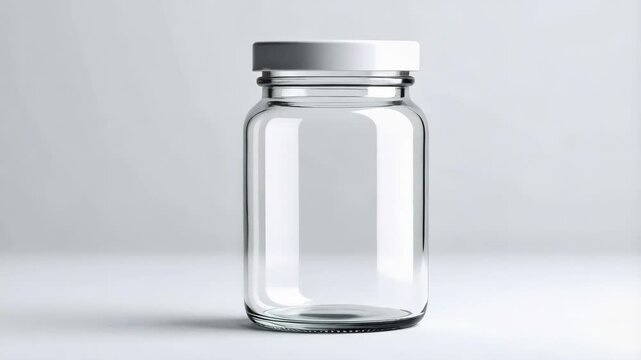 An Empty clear glass storage jar with white lid sits on a light grey surface, modern studio environment.