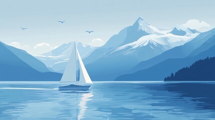 Sailboat on calm lake with majestic snow-capped mountains in the background.