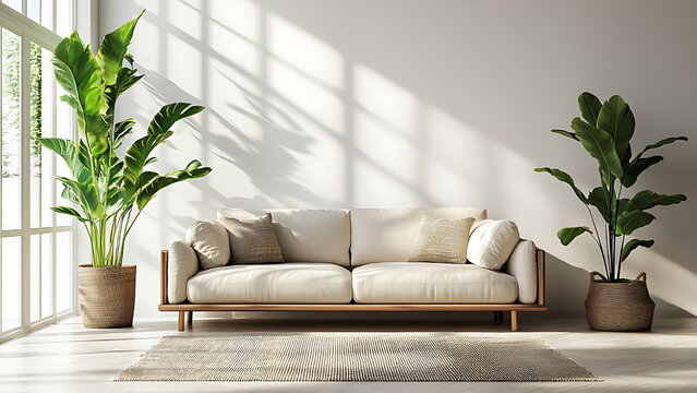 iving room interior with sofa and plant on white