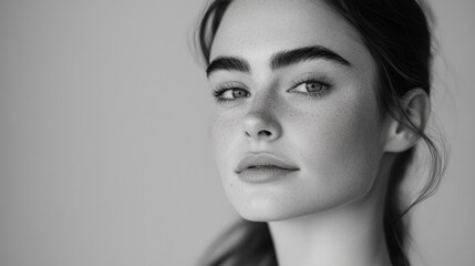 Close-up black and white portrait of a young woman with freckles and defined eyebrows, looking directly at the camera. © sumilir