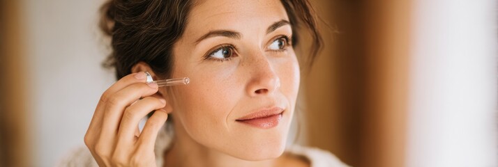 Obraz premium Woman Applying Serum in Front of Mirror During an Autumn Morning With Soft Tones