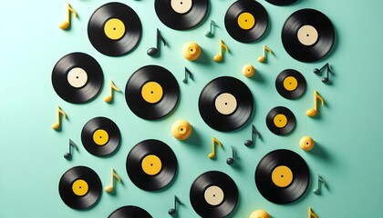 Diagonal pattern of classic vinyl records on pastel mint canvas with blank copy space and vintage music vibe
