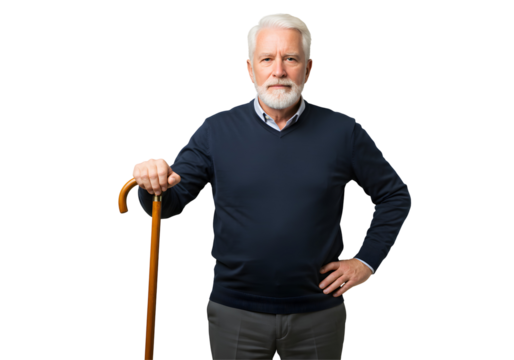 Grizzled senior holds cane portrait mature old man studio shot
