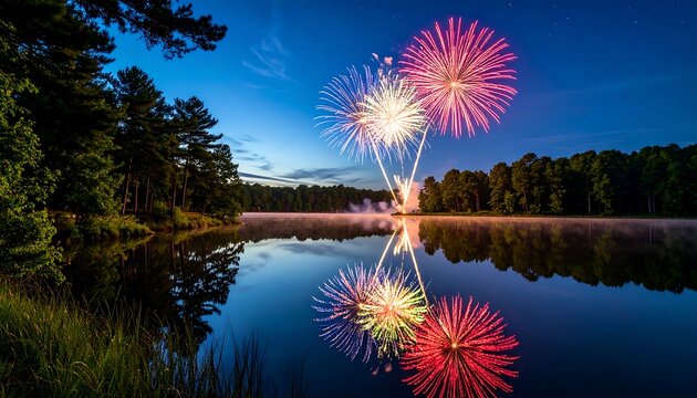Night scene features fireworks reflected in a calm lake surrounded by trees in quiet nature. - Powered by Adobe