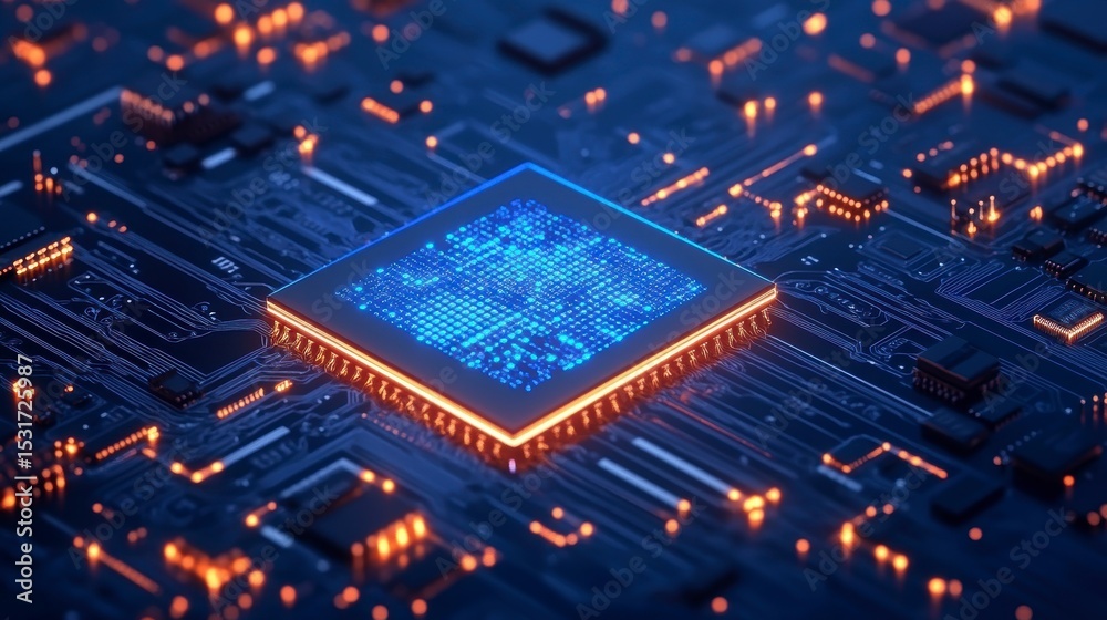 Poster close-up of a glowing central processing unit (cpu) on a circuit board.