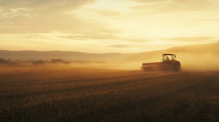 Naklejka premium Tractor harvesting wheat field at sunset, dust rising.