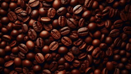 Top view of roasted coffee beans spread on neutral surface with warm tones and rich natural texture details
