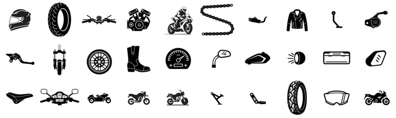 Motorcycle icons collection featuring various parts and accessories  