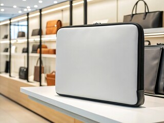 A plain white laptop sleeve with black trim is displayed prominently on a white shelf in a brightly lit retail store, surrounded by other bags and accessories.