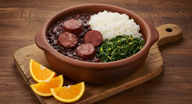 Authentic Brazilian feijoada with rice, oranges, and greens served in a rustic clay pot on wooden table