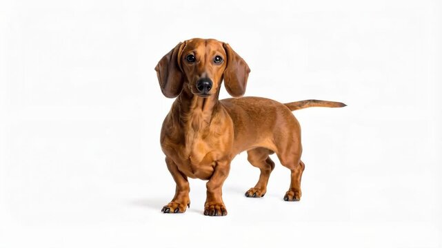Studio shot of an adorable brown dachshund standing and looking at the camera, isolated against a white background