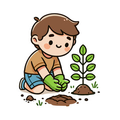 Happy Young Boy Planting a Tree Sprout in Garden Soil Cartoon Style