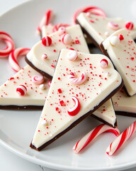 Festive chocolate peppermint bark pieces decorated with candy canes on a plate, holiday treat