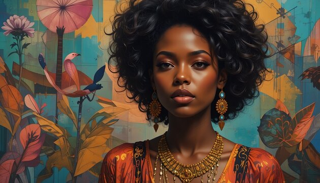 Portrait of a woman with curly hair and golden jewelry in an art nouveau style background. - Powered by Adobe