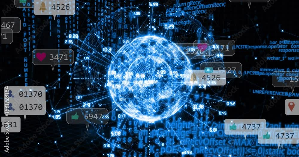 Poster camera focusing wireframe globe pulsing data, alerts orbiting clustering visualizing data flow