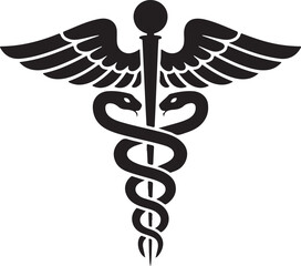 Caduceus medical symbol with winged snakes on a white background, an iconic emblem of health and pharmacy