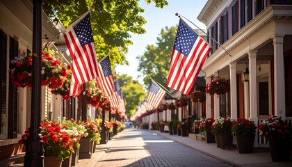 American flags adorn a charming small-town main street decorated with vibrant red and white flowers.