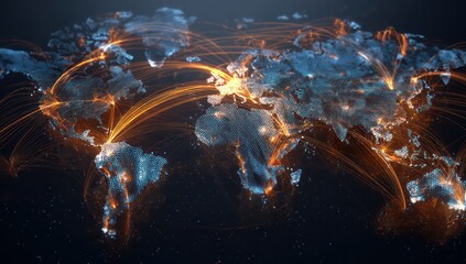 Interactive world map displaying circulating data streams and glowing points, representing network flow.