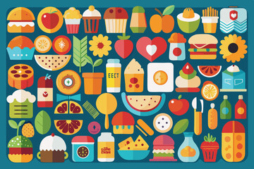 Colorful Flat Design Food and Flower Illustration on a Dark Teal Background