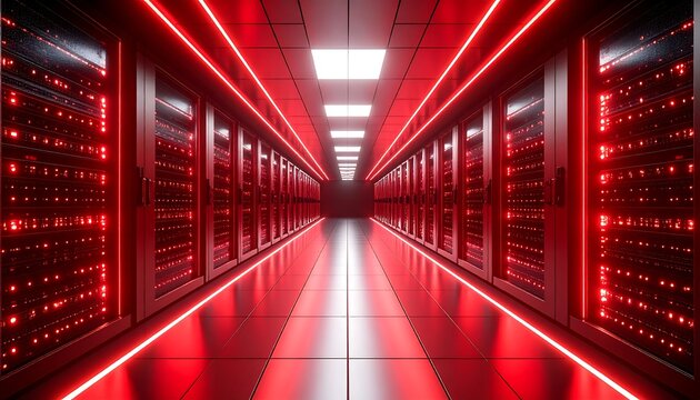 Symmetrical rows of data servers in a dark, glowing red illuminated room showcase network technology