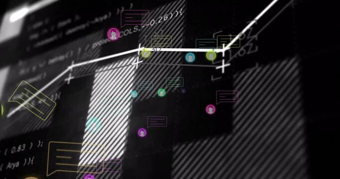 Icons and bubbles fading inward, polyline extending, code scrolling, bar pulsing, indicating trend