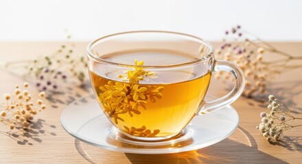 Herbal Chamomile Tea in Clear Glass Cup on Wooden Surface with Dried Flowers