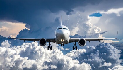 Passenger airplane flies, preparing to land during cloudy weather with distant flashes of lightning.