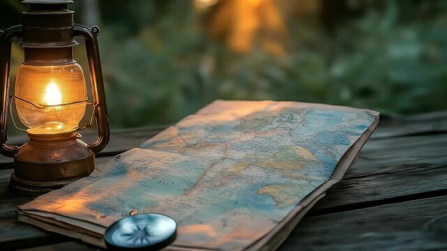 Vintage Lantern Map Compass on Wooden Table at Dusk