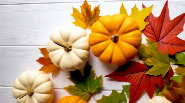 Festive Autumnal arrangement featuring decorative white and orange pumpkins and colorful fall leaves on white wood plank surface
