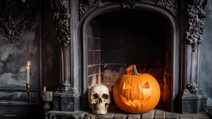 Ornate fireplace hearth decorated with carved pumpkins and human skull, candle holder and burning fire inside, Halloween scene, creating a spooky atmosphere - Powered by Adobe