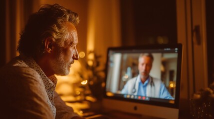 Mature male doctor conducting online consultation with minimalist design