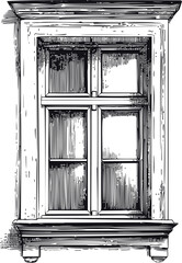 Sketch of vintage rustic wooden window with detailed trim in black and white. Vector illustration