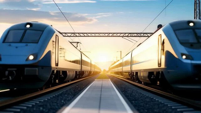 Symmetrical view of two modern electric passenger trains on parallel tracks at sunset with signals and overhead lines