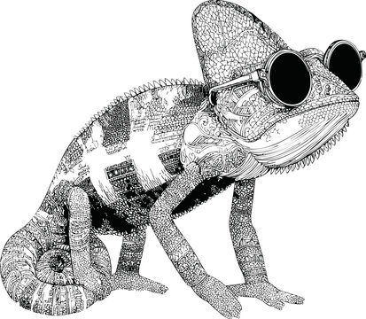 Intricate line art chameleon wearing sunglasses in a whimsical style. Vector illustration in sketch style