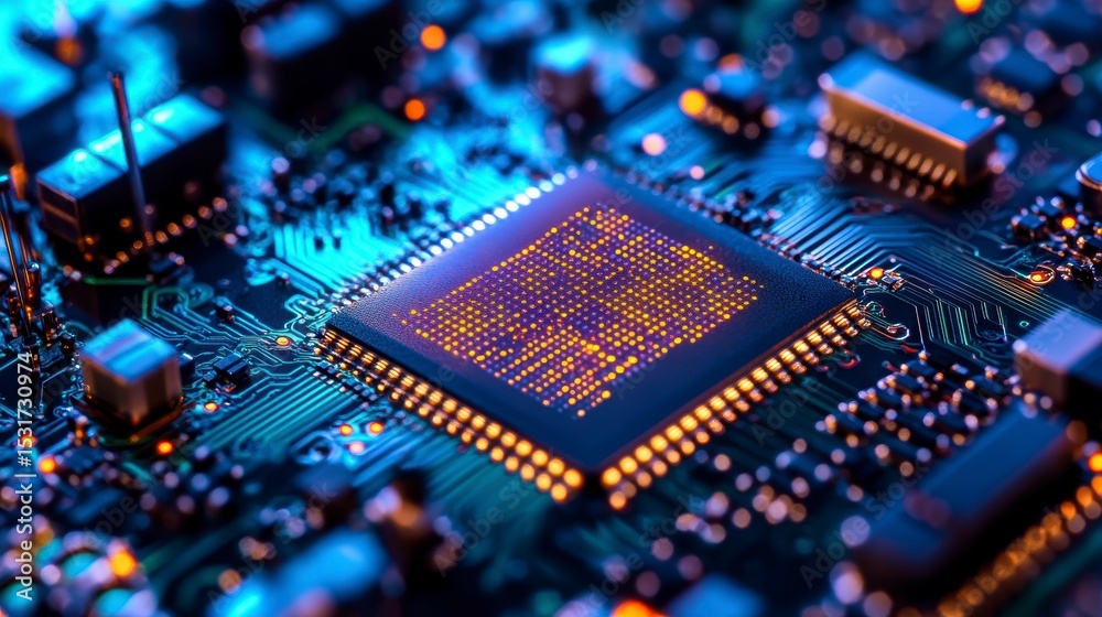 Poster Close-up of a computer processor chip on a circuit board, illuminated with blue and orange light.