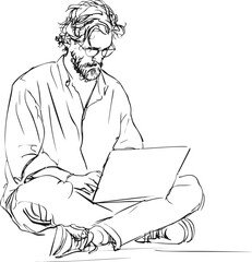 Line art of a man with glasses working on a laptop in casual attire. Vector illustration