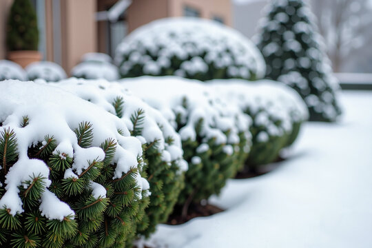 Snow-covered evergreen bushes in a winter garden landscape