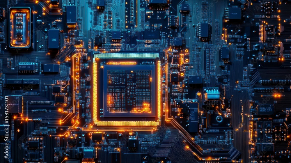 Poster Close-up of a glowing central processing unit (CPU) on a circuit board. (1)