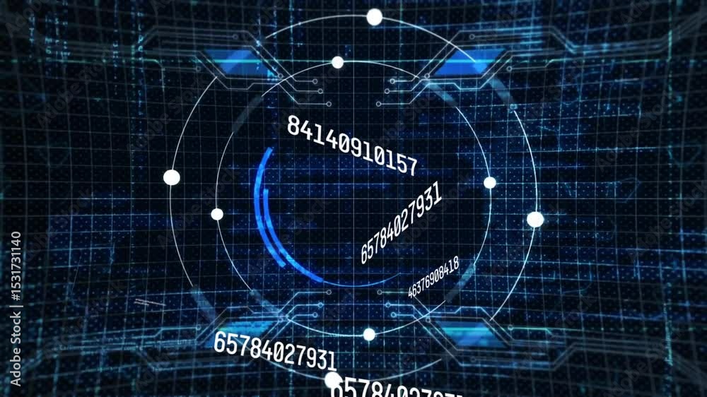 Poster on startup 3d circular interface rotating and updating streams while pulsing nodes displaying data