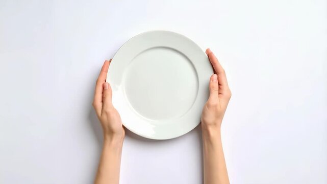 Two hands carefully holding a round, empty white plate on a clean, bright white surface for food presentation.