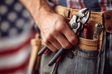 Workman in tool belt holding pliers near blurred usa flag