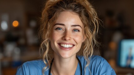 Happy young woman greeting doctor on telehealth video call, POV of female nurse or medical employee