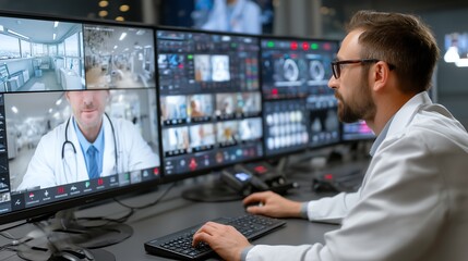 Male Doctor Conducting Telehealth from Hospital Office - Professional Setup with Left Copy Space