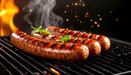 Sizzling sausages are grilled with fire and smoke, seasoned, and arranged in cinematic lighting