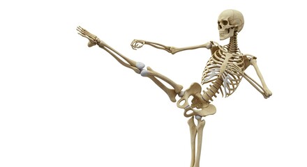 Skeleton kicking on white background