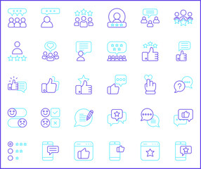 Review And feedback Icon Set. Vector collection of customer, rating, star rating, chat, testimonials, survey, support, communication, sign and element symbols or logo element.
