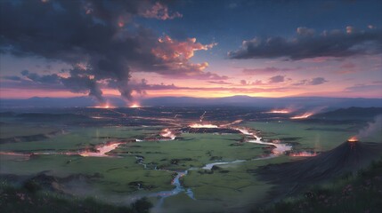 Naklejka premium Volcanic sunset with lava and flowing river