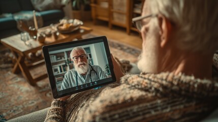 Senior Patient Using Tablet for Consultation at Home - Over-Shoulder View with Copy Space