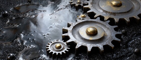 metallic gears mechanical lubrication concept. Gears partially submerged in water, showcasing industrial textures and reflections.